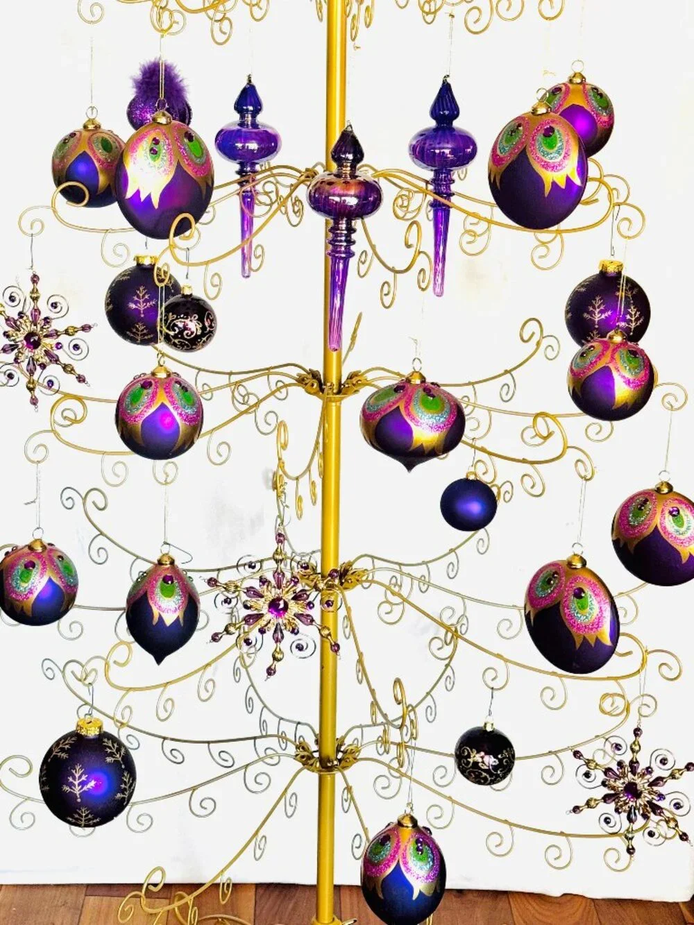 5 Peacock Feather Christmas Tree Ornaments Purple Teal Gold Glittered Gemstone